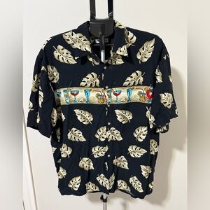 Pierre Cardin Black Short-Sleeve Camp Shirt with Cream Leaf and Cocktail Stripe